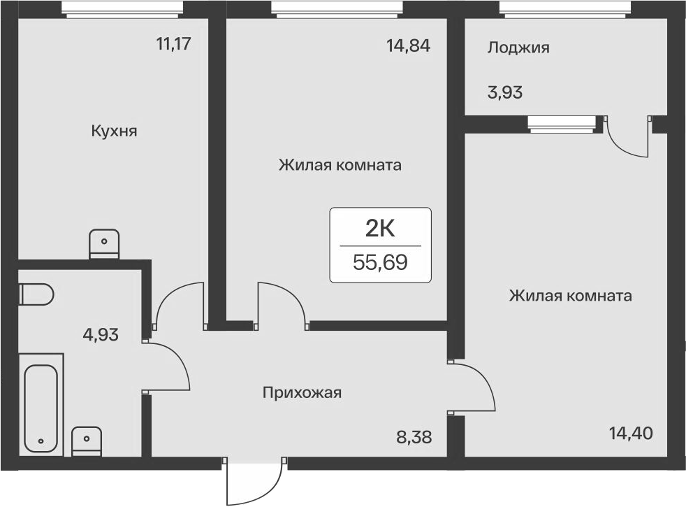2-комнатная квартира 55.69 м², 6/11 эт., ЖК «Расцветай в Янино»